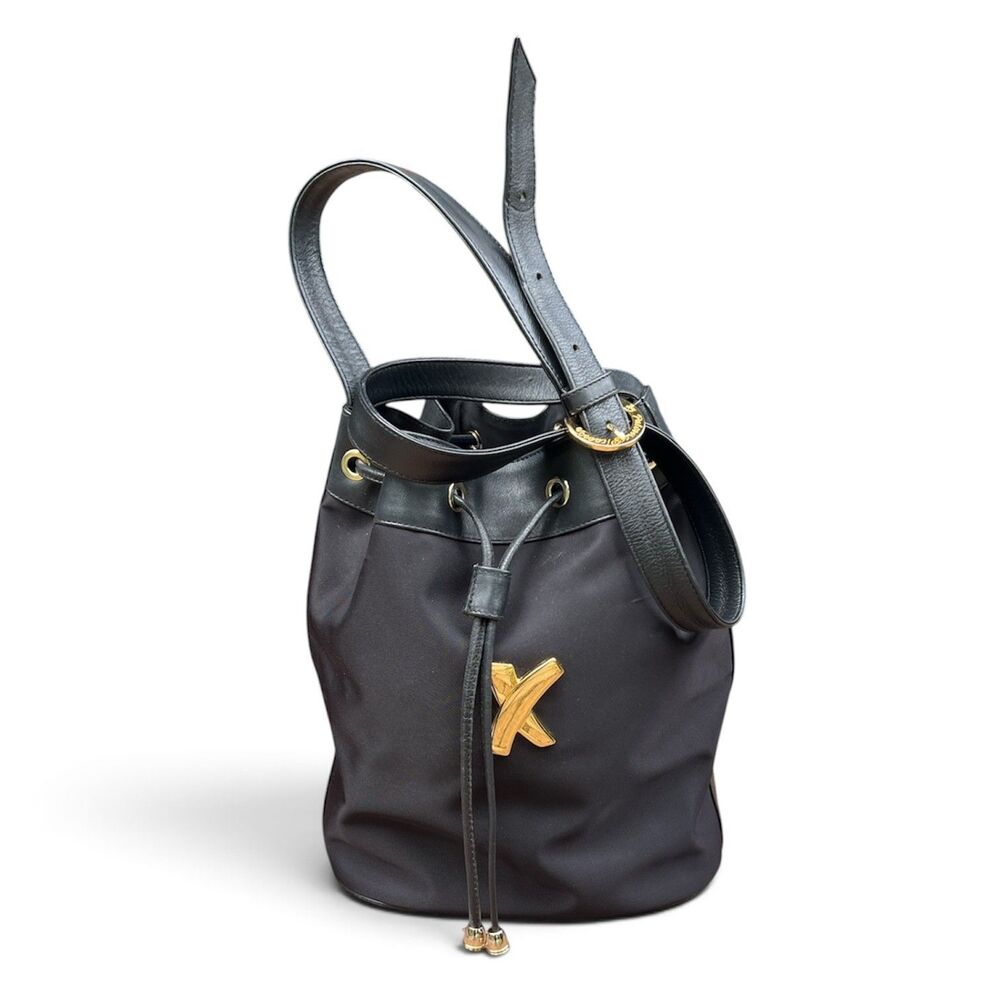 VTG Paloma Picasso Shoulder Bucket Handbag Black Nylon Leather Trim Italy